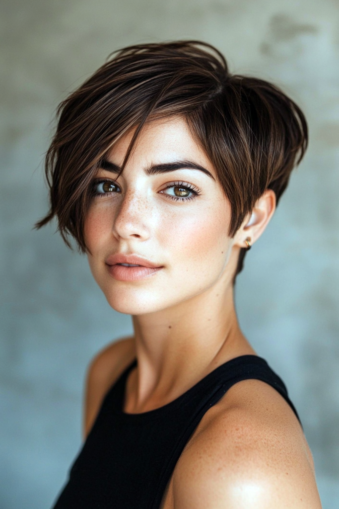Pixie cut featuring layered gray hair blending