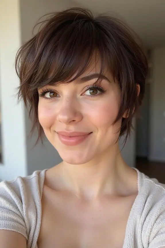 asymmetrical bangs brunette pixie