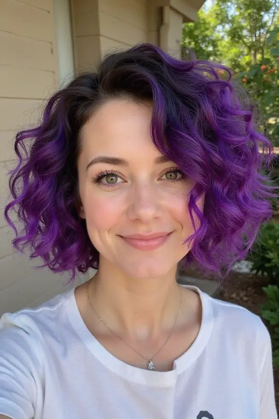 curly bob with purple highlights