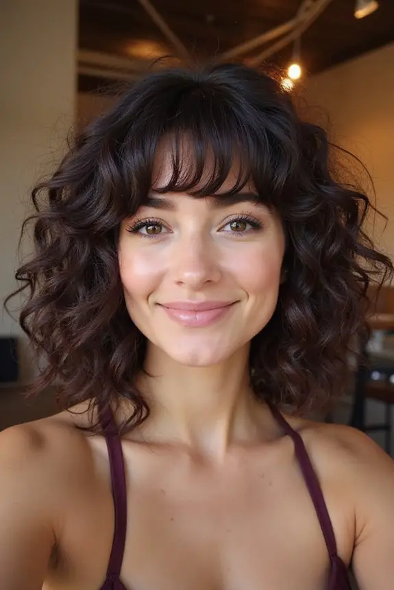 curly lob hairstyle with bangs