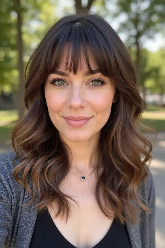 feathered bangs enhance medium brown