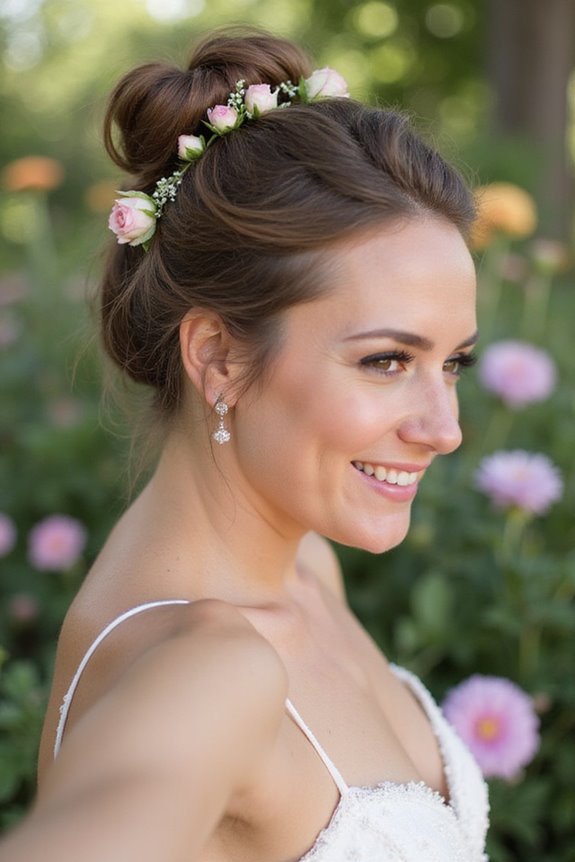 messy bun with flowers
