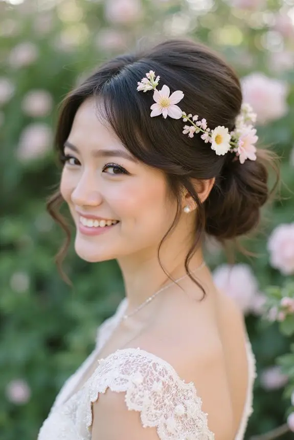 messy bun with flowers