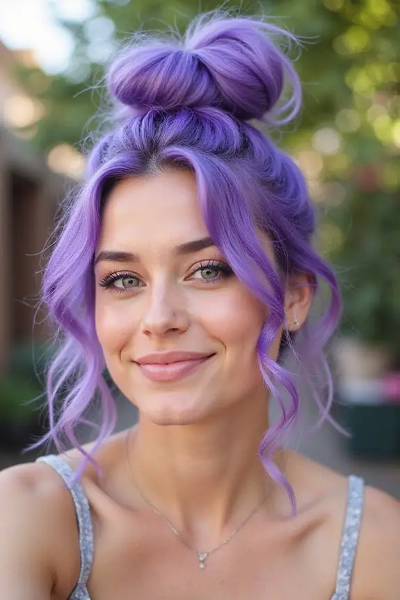 messy bun with lavender strands