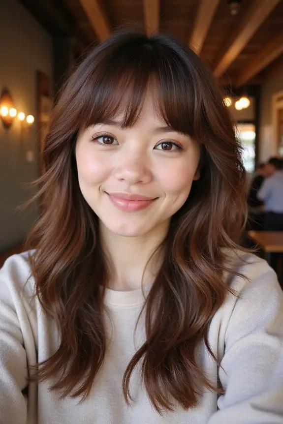shaggy bangs warm brunette