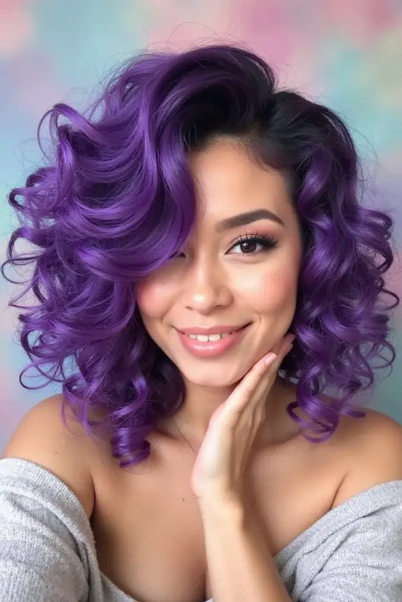 side swept vibrant purple curls