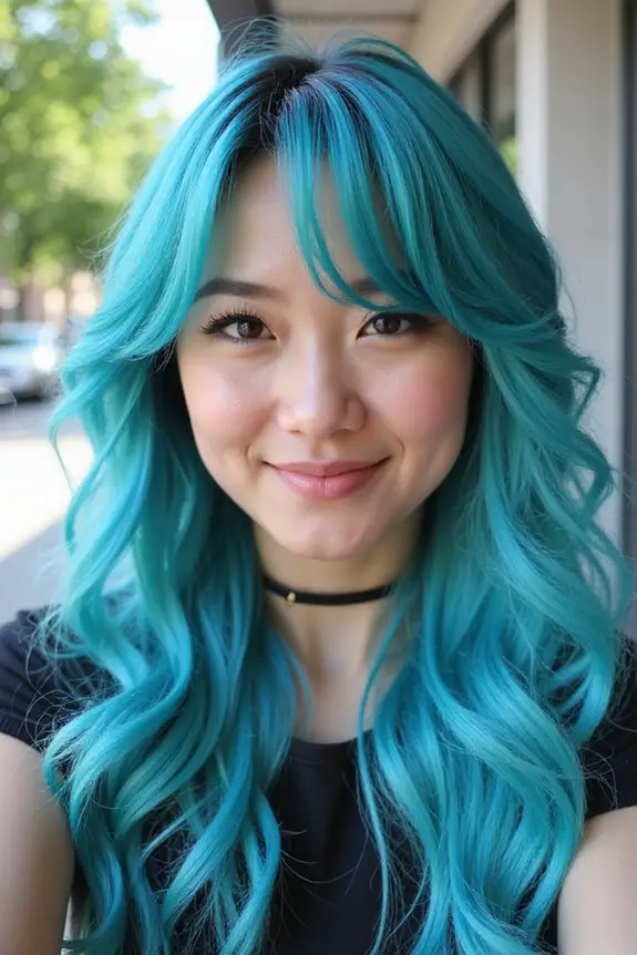 vibrant turquoise side swept bangs
